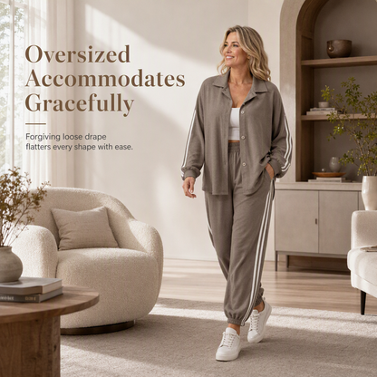 ✨ One Set, More Ways to Wear | Women's Oversized Shirt & Side-Stripe Jogger Pants Set