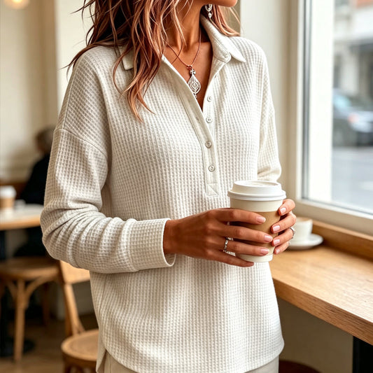 🧶 Textured Comfort | Women's Waffle-Knit Collared Long-Sleeve Top