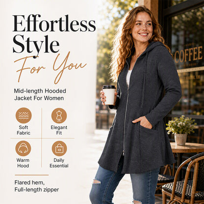 🧥 Easy Coverage, Everyday Comfort | Women's Mid-Length Zip-Up Hooded Jacket