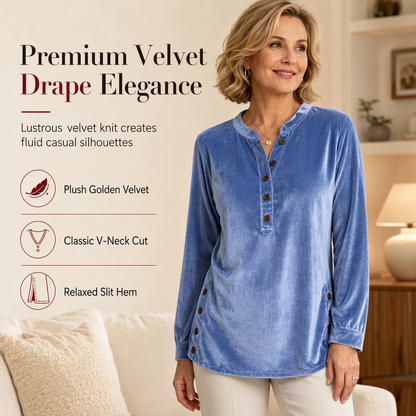 ✨ Velvet Drape, Easy Comfort | Women's Button V-Neck Side-Split Top
