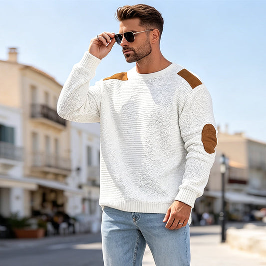 🧶 Waffle Texture, Lasting Comfort | Men's Patchwork Crewneck Knit Sweater