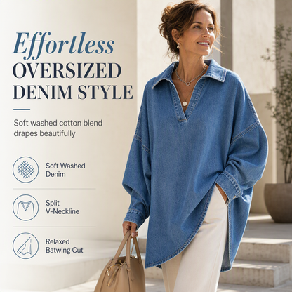 💙 Soft Denim, Standout Shape | Women's Batwing V-Neck Asymmetrical Denim Top