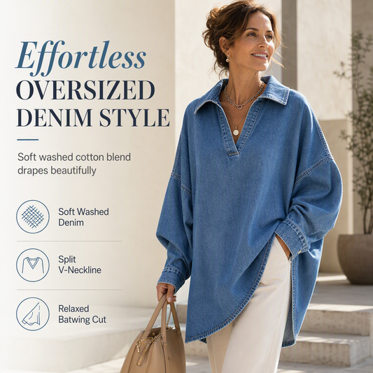 💙 Soft Denim, Standout Shape | Women's Batwing V-Neck Asymmetrical Denim Top