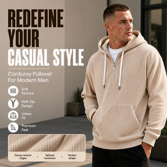 🧶 Corduroy Texture, Easy Layers | Men's Half-Zip Hooded Pullover