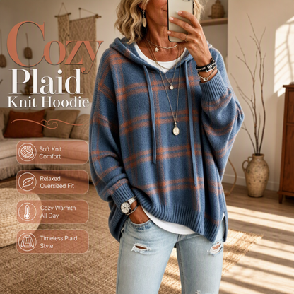 🧶 Plaid Texture, Cozy Ease | Women's Relaxed Hooded Knit Sweater