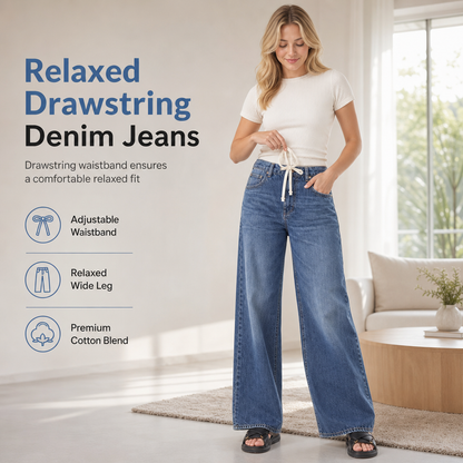 👖 Pull On & Go | Women's Drawstring Sand-Washed Wide-Leg Jeans