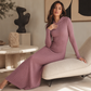 🧶 Textured Comfort | Women's Ribbed-Knit Hooded Maxi Dress with Pockets