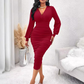 💃 Flattering Ruching, Elegant Curves | Women's V-Neck Lantern Sleeve Midi Dress