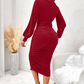 💃 Flattering Ruching, Elegant Curves | Women's V-Neck Lantern Sleeve Midi Dress