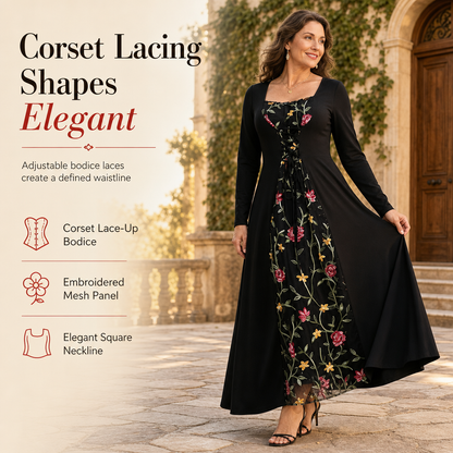 🌹 Corset Detail, Romantic Elegance | Women's Floral Embroidered Maxi Dress