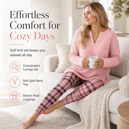 ☁️ Cozy Made Easy | Women's Relaxed Knit Top & Plaid Leggings 2-Piece Set