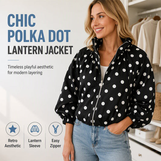 ⚫ Playful Polka Dots, Statement Sleeves | Women's Oversized Zipper Jacket
