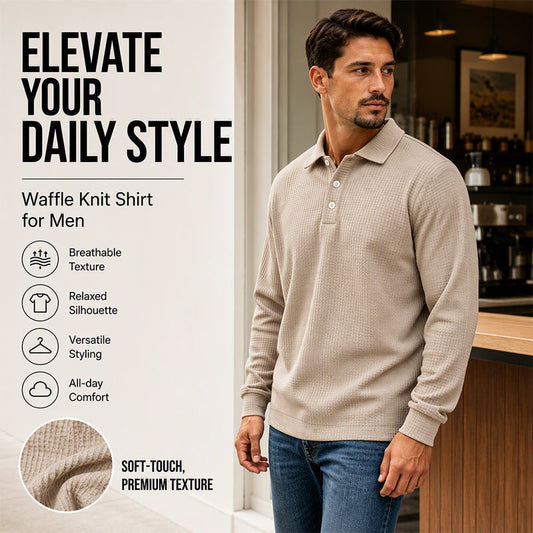 🧶 Textured Knit, Smarter Casual Style | Men's Waffle Collared Long-Sleeve Top