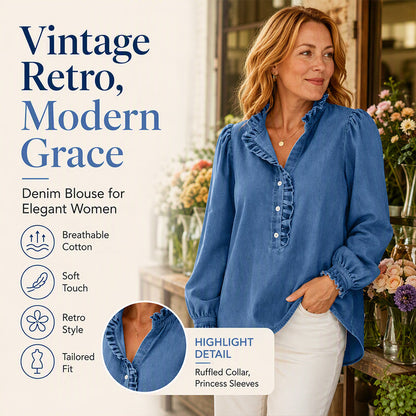 Women's Ruffle Collar Puff Sleeve Denim Top