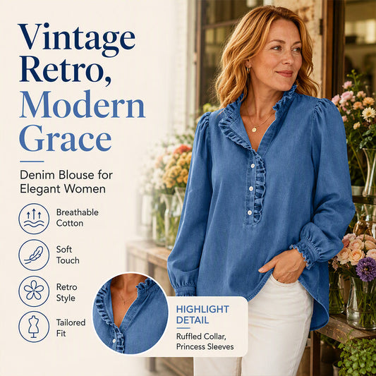 💙 Ruffle Collar, Statement Sleeves | Women's Puff-Sleeve Denim Top