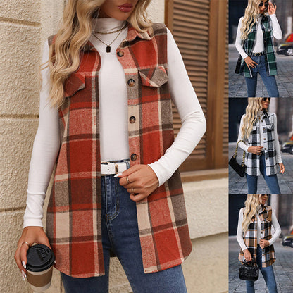 🍂 Classic Plaid, Easy Layering | Women's Mid-Length Button Vest