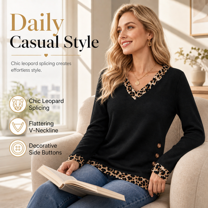 🐆 Leopard Trim, Button Detail | Women's V-Neck Knit Top