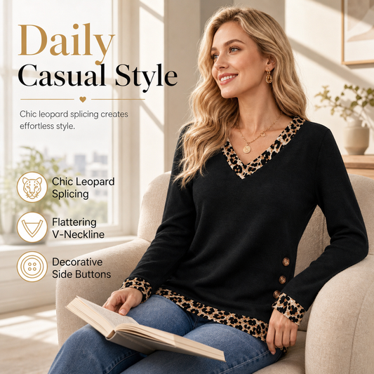 🐆 Leopard Trim, Button Detail | Women's V-Neck Knit Top