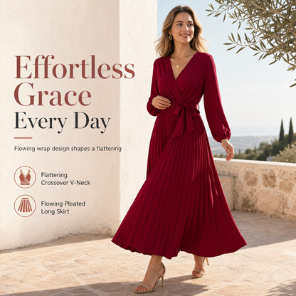 💃 Flattering V-Neck, Flowing Pleats | Women's High-Waist Pleated Maxi Dress
