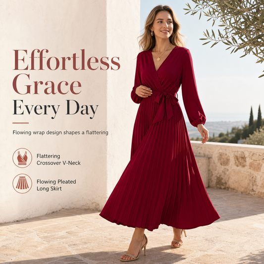 💃 Flattering V-Neck, Flowing Pleats | Women's High-Waist Pleated Maxi Dress