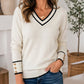 🧶 Contrast Trim, Flattering V-Neck | Women's Elegant Knit Top