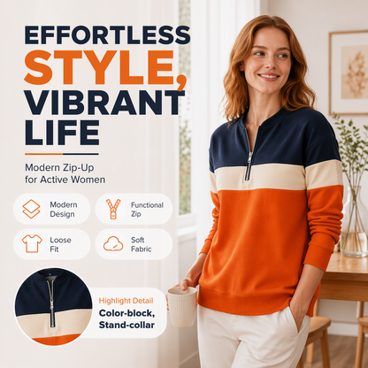 🎨 Bold Color-Block, Easy Half-Zip Style | Women's Relaxed Sweatshirt