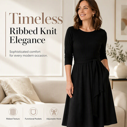 🧶 Ribbed Texture, Waist-Flattering Shape | Women's Tie-Waist A-Line Midi Dress