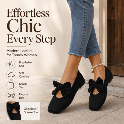 🎀 Square-Toe Style, Feminine Bow Detail | Women's Knit Flat Shoes