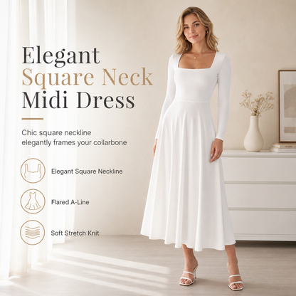💃 Sculpted Square Neck, Flattering A-Line Shape | Women's Midi Dress