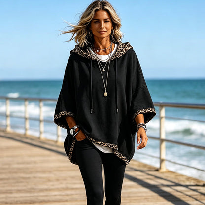 🐆 Leopard Trim, Relaxed Drape | Women's Loose-Fit Hooded Top