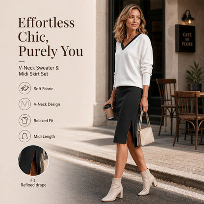 ✨ Flattering V-Neck, Elegant Ribbed Style | Women's 2-Piece Skirt Set ⚡ Free Shipping