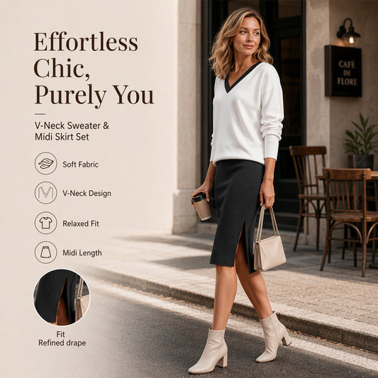 ✨ Flattering V-Neck, Elegant Ribbed Style | Women's 2-Piece Skirt Set ⚡ Free Shipping