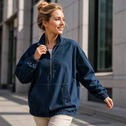 💙 Washed Denim, Relaxed Half-Zip Style | Women's Oversized Jacket