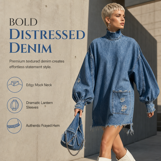 💙 Frayed Detail, Statement Lantern Sleeves | Women's Denim Mini Dress ⚡ Free Shipping