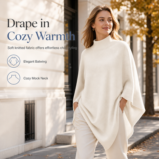 🧶 Cozy Mock Neck, Flattering Batwing Drape | Women's Knit Poncho