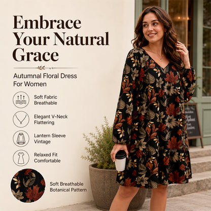 🍁 Elegant Maple Leaf Print, Easy Flattering Style | Women's Plus-Size Dress