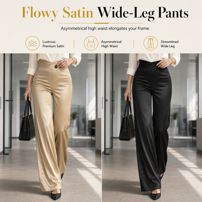 Elegant Satin High Waisted Wide Leg Pants with Asymmetrical Waist