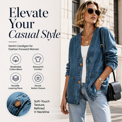 💙 Relaxed Denim Style, Easy V-Neck Layering | Women's Cardigan