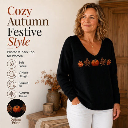 🎃 Playful Pumpkin Print, Easy V-Neck Style | Women's Long-Sleeve Top