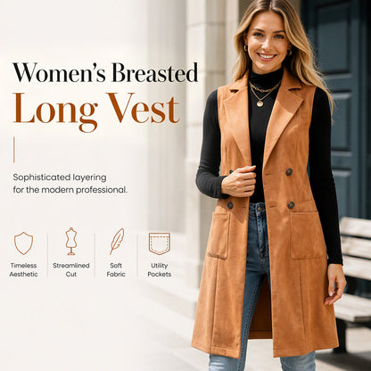 🤎 Longline Elegance, Structured Suede-Look Style | Women's Double-Breasted Vest