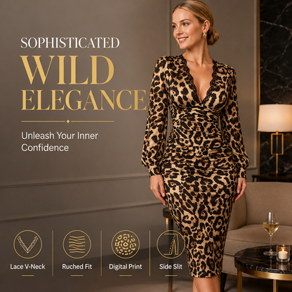 🐆 Lace V-Neck, Curve-Flattering Ruched Fit | Women's Leopard Midi Dress