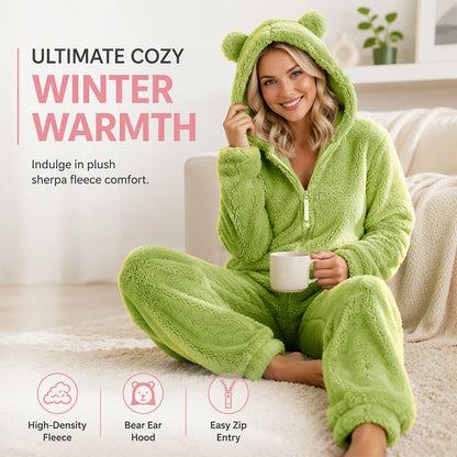 🧸 Head-to-Toe Sherpa Warmth, Cozy Hooded Comfort | Women's Onesie