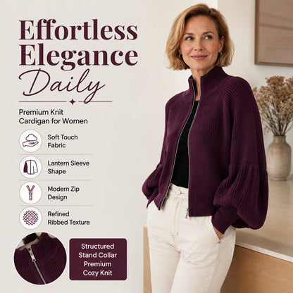 🧶 Elegant Lantern Sleeves, Easy Zip-Up Style | Women's Knit Sweater