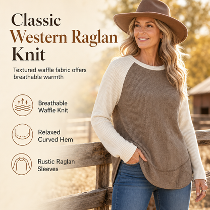 🤠 Western-Inspired Style, Relaxed Waffle Knit Fit | Women's Raglan Knit Top