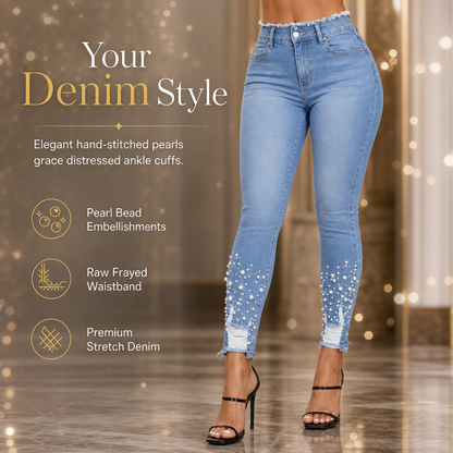 👖 Pearl Details, Flattering Stretch Fit | Women's Distressed Skinny Jeans