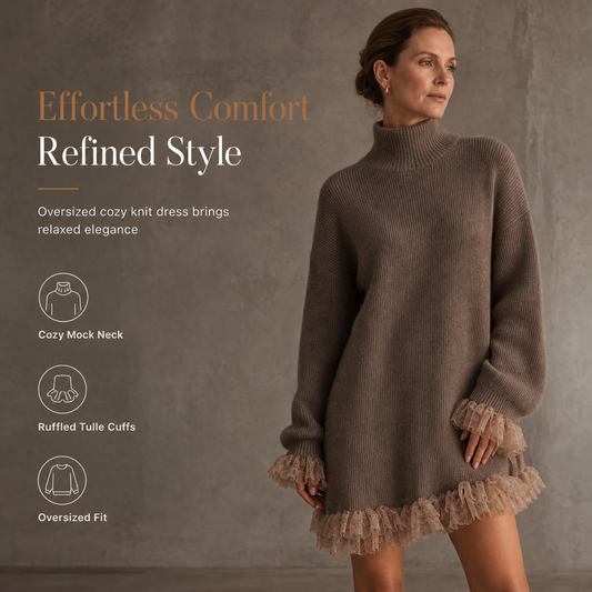 ✨ Oversized Comfort, Feminine Ruffle Detail | Women's Mock Neck Sweater Dress