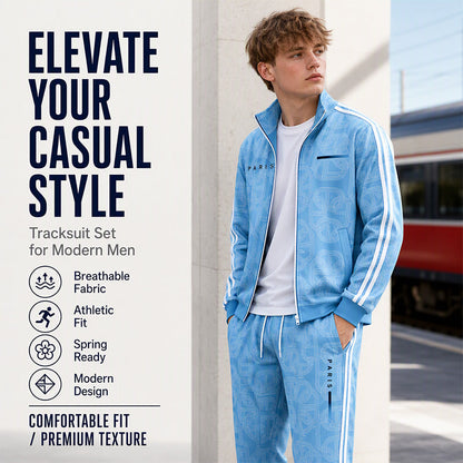 🔷 Bold Geometric Print, Easy Matching Style | Men's Full-Zip Jacket & Pants Set