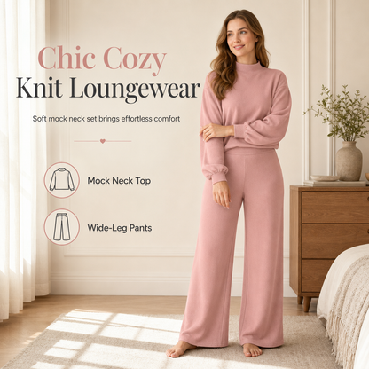 🎉The Lowest Price But The Best Quality!🔥Women's Casual Two-Piece Knit Lounge Set with Mock Neck Long Sleeve Sweatshirt and High-Waisted Wide-Leg Pants