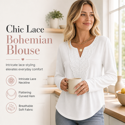 Women's Bohemian Lace V Neck Long Sleeve Loose Fit Blouse
