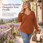 💖Black Friday Mega Deal – 50% off!💖 Women's Plus Size V Neck Long Sleeve Ribbed Brushed T-Shirt Loose Fit Solid Color Pullover Top